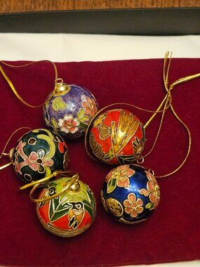 Set of 5 Enameled Cloisonne 1" Christmas Ornaments/Balls